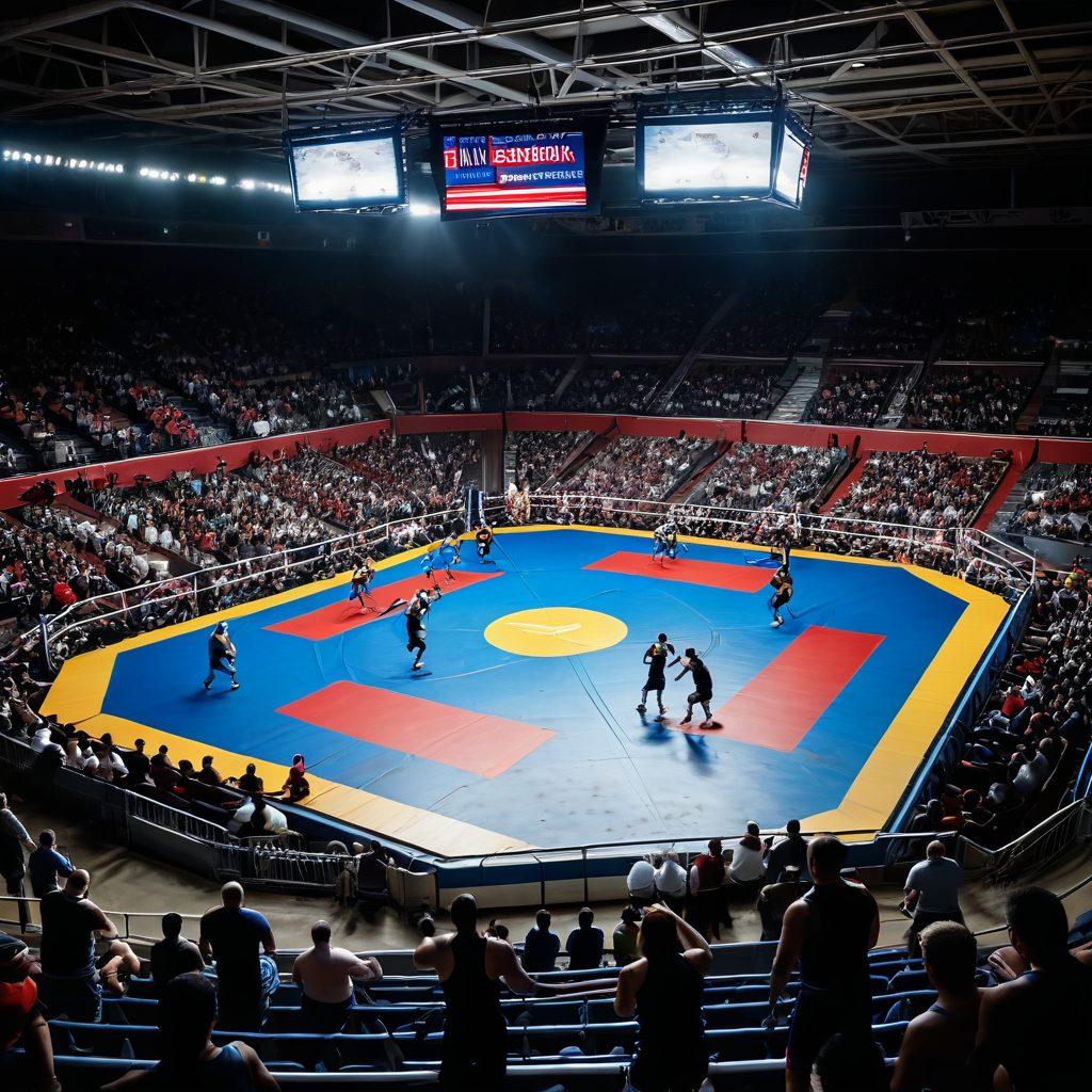 A dynamic scene showcasing a diverse group of wrestlers in action, blending training drills with matches, surrounded by supportive fans cheering from the bleachers. Incorporate elements of teamwork and camaraderie, with a vibrant wrestling mat in the center, and motivational banners in the background. Capture the intensity and excitement of both training and triumph. super-realistic. vibrant colors. energetic atmosphere.