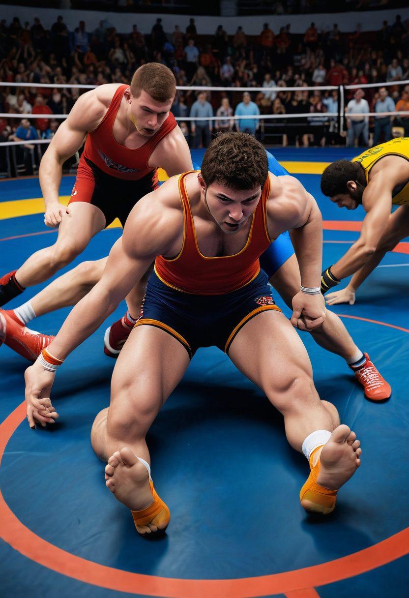 A dynamic wrestling scene showcasing diverse wrestlers in action, employing various techniques on a vibrant, colorful wrestling mat. In the background, a cheering crowd embodies a sense of community and support, while training equipment adds depth to the environment. The wrestlers' determined expressions convey the power and intensity of the sport. super-realistic. vibrant colors. 3D.