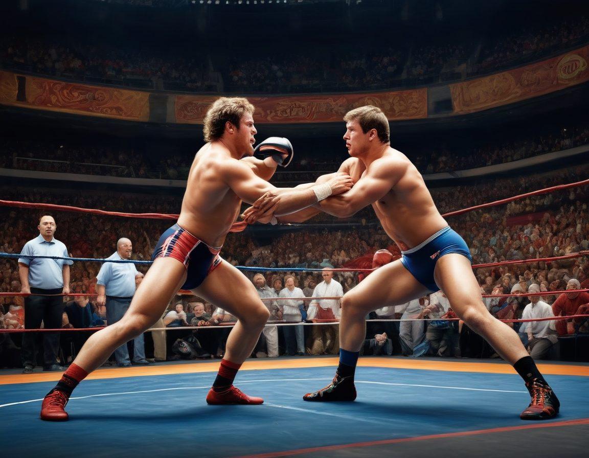 A dynamic scene illustrating various wrestling styles through the ages, featuring diverse wrestlers in action poses, showcasing traditional and modern techniques. The background includes historical images of wrestling matches and arenas, blending the old with the new, while symbols of sportsmanship like trophies and medals float around. Vivid colors highlight the energy and passion of the sport. super-realistic. vibrant colors. action-packed.